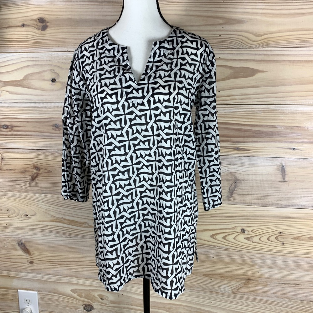 KikiSol Tunic Top Women Small Geometric Split Neck 3/4 Sleeve Cotton